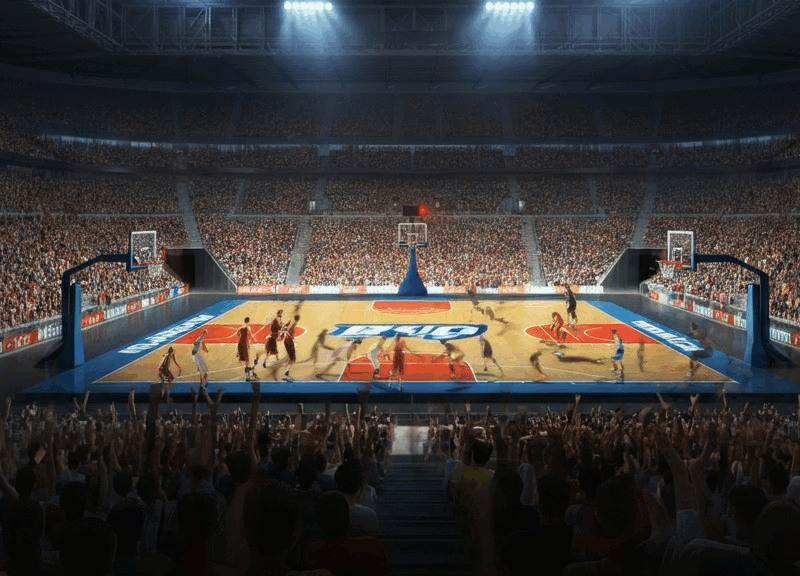 Uno stadio di basket moderno e luminoso, con tifosi entusiasti nelle tribune e il logo dei NBA Playoff 2025 al centro del campo.