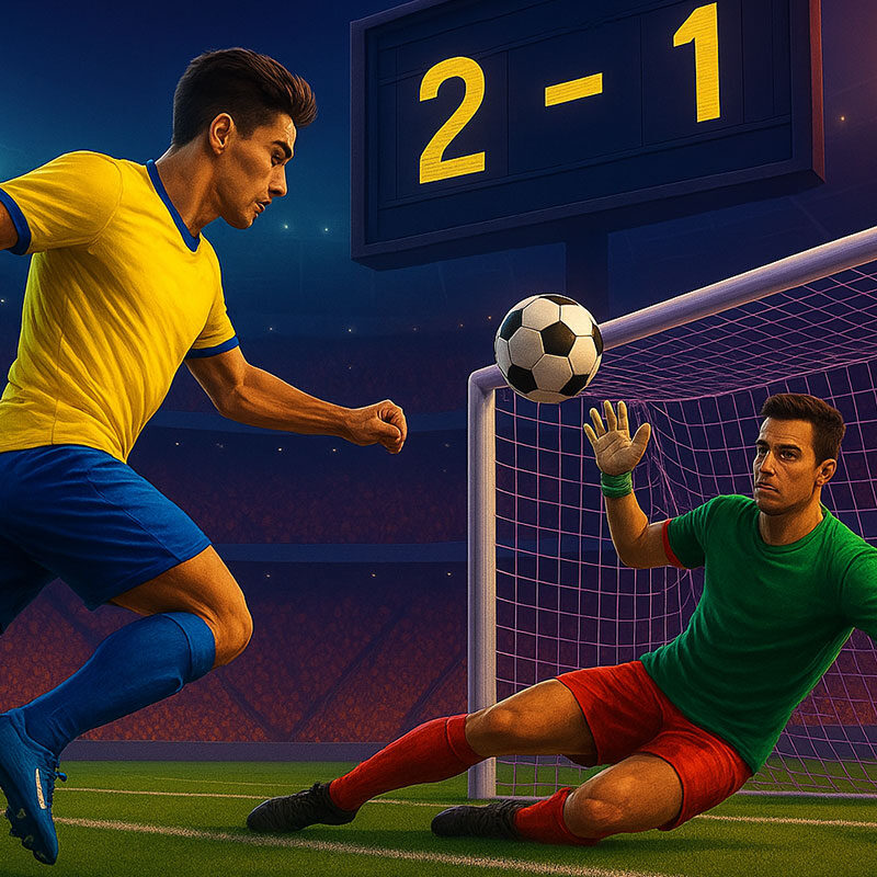 Over/Under Calciatore in maglia blu che segna un gol con un colpo di testa, mentre il portiere avversario tenta un intervento nel finale di una partita emozionante.