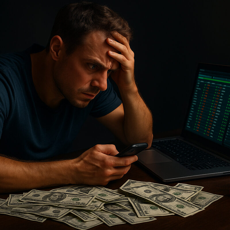 Uomo stressato scommette troppo spesso (overbetting) su eventi sportivi online