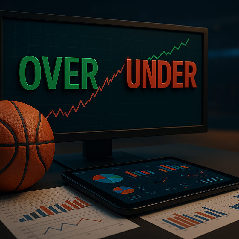 Visuale realistica 3D delle scommesse sui Punti Totali Over/Under nel basket, con grafici su schermo e analisi del mercato scommesse.
