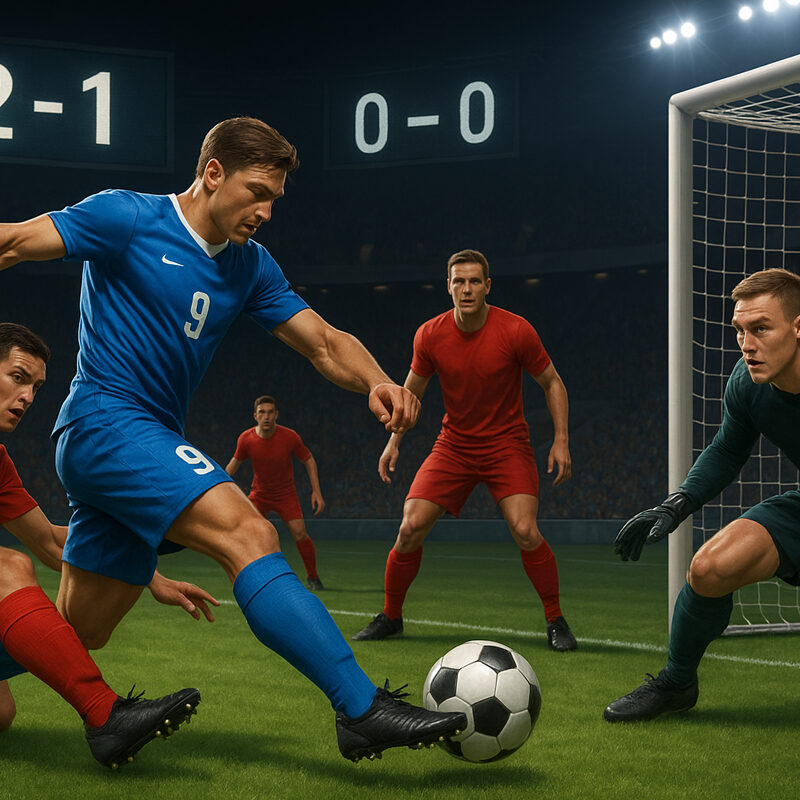 Render 3D realistico di una partita di calcio tra due squadre, con attaccante in maglia blu che tenta il gol e difensori in rosso in area di rigore, ideale per illustrare il concetto di scommessa Gol No Gol (GG/NG).