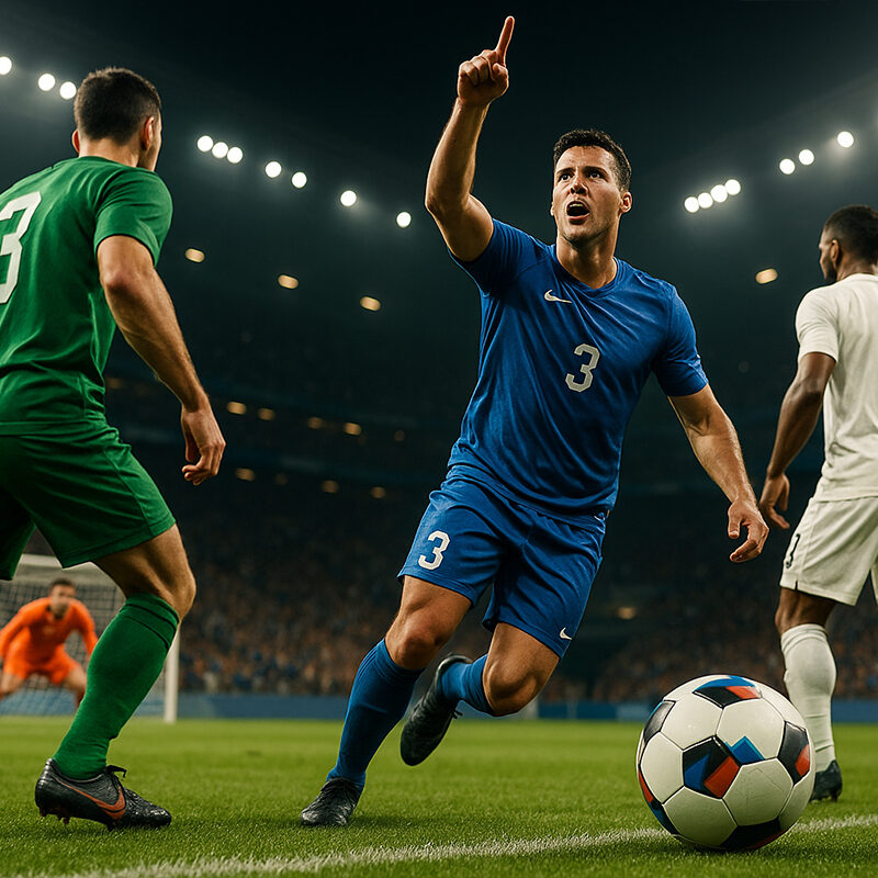 Calciatore in maglia blu esulta davanti alla porta avversaria durante una partita di calcio, simbolo dell’emozione e imprevedibilità tipiche del betting Multigol.