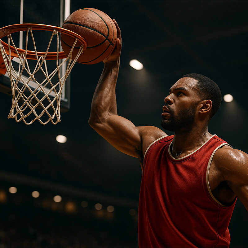 Giocatore di basket in schiacciata, rappresentazione visiva di scommesse primo tempo e analisi di segmenti brevi nel gioco.