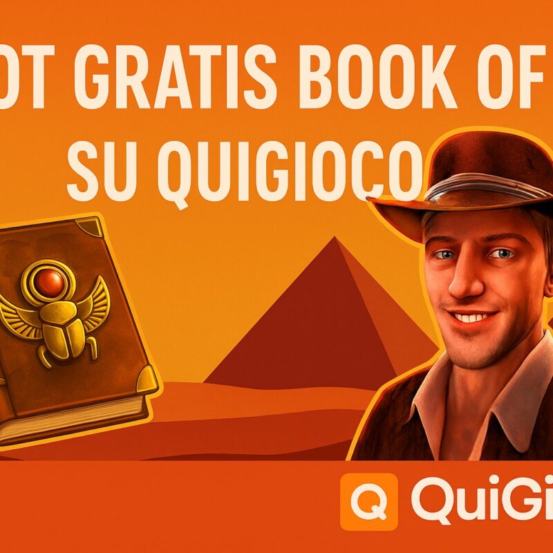 Immagine promozionale della slot gratis Book of Ra su QuiGioco, con un esploratore sorridente, un libro dorato e sfondo piramidale arancione
