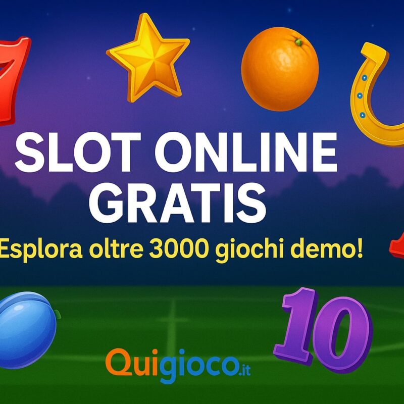 Banner per Slot online gratis promozionale colorato con simboli di slot come stelle, ciliegie e ferri di cavallo su sfondo serale, con il testo "Slot online gratis – Esplora oltre 3000 giochi demo" e logo QuiGioco.it.