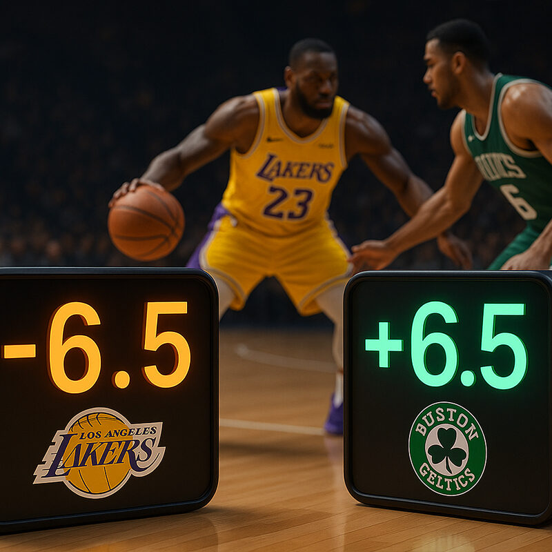 Giocatore dei Los Angeles Lakers affronta un difensore dei Boston Celtics con pannelli digitali che mostrano spread -6.5 e +6.5 in una partita NBA, concetto di spread betting nel basket.