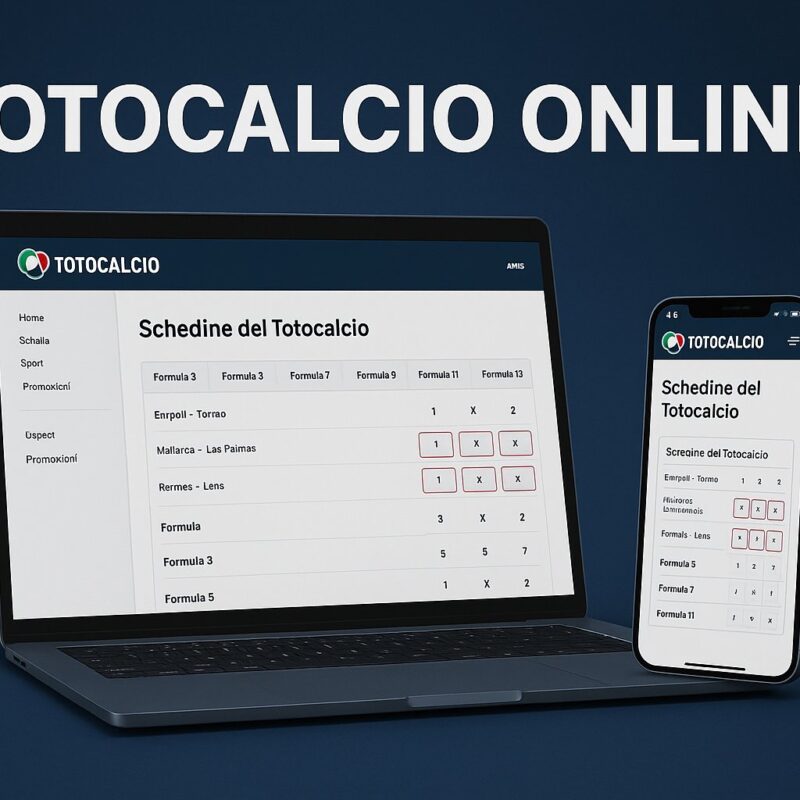 Schermata del Totocalcio Online su laptop e smartphone, con interfaccia moderna per la compilazione digitale delle schedine