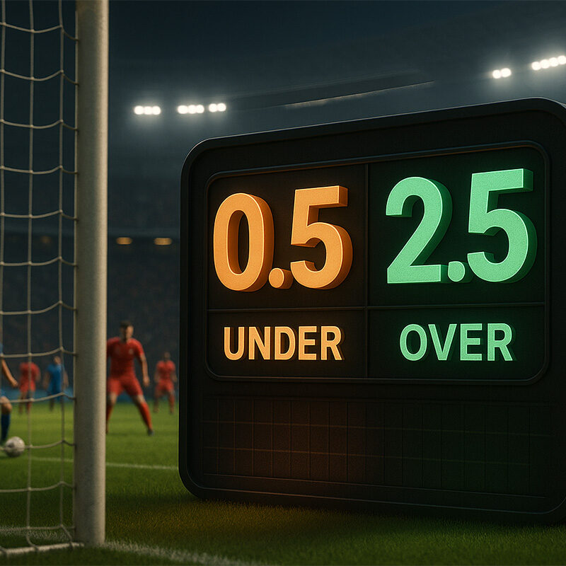 Esempio visivo di scommesse Under/Over HT e FT nel calcio, con quote live 0.5 e 2.5 durante una partita