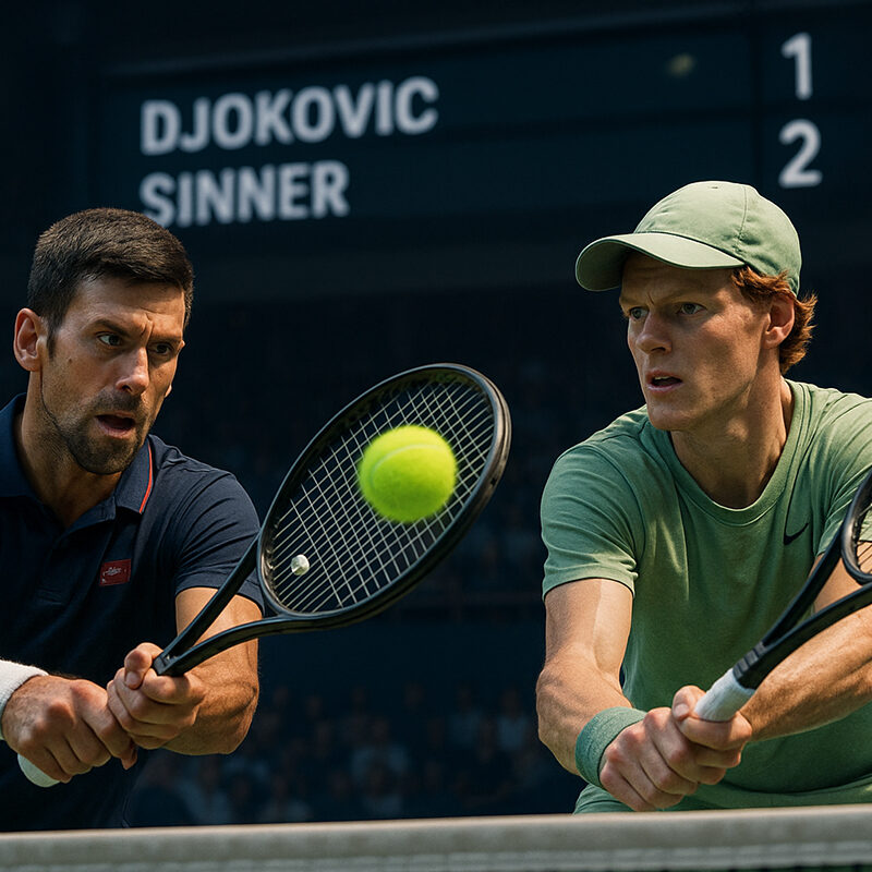 Scommessa sul vincitore del match nel tennis: Djokovic e Sinner in un’azione iperrealistica durante un match ATP, perfetto esempio di scommessa 1-2 nel tennis.