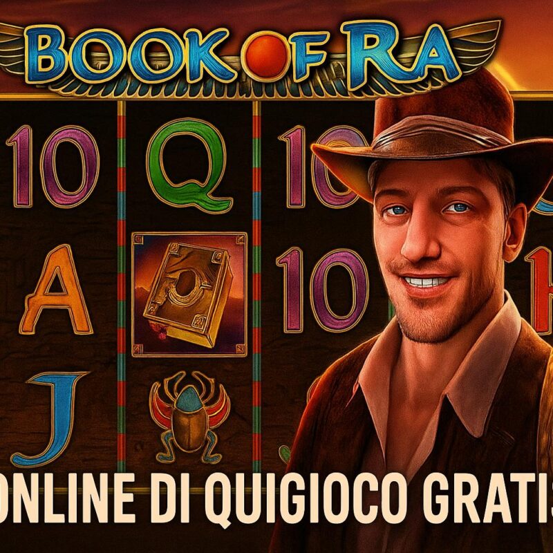 Grafica promozionale della slot online Book of Ra disponibile gratuitamente su Quigioco.it, con esploratore in stile Indiana Jones e simboli egiziani sullo sfondo