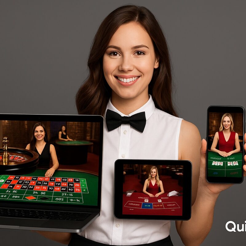 Croupier sorridente in abito elegante tiene in mano uno smartphone, un tablet e un laptop che mostrano giochi di casinò live come roulette e baccarat, con la scritta Quigioco.it in basso.