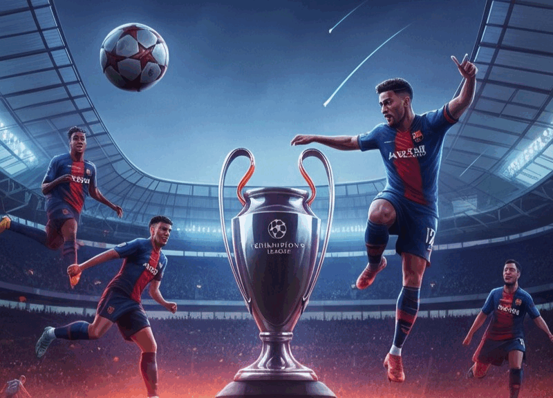 Giocatori in azione durante una partita della Champions League 2025 in uno stadio moderno, con trofeo brillante e pubblico vivace.