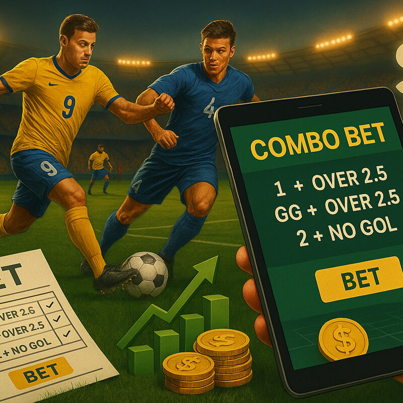 Scommesse Combo sullo stesso evento mostrate su smartphone: esempi di giocate multiple come “1 + Over 2.5”, “GG + Over 2.5” e “2 + No Gol” con calciatori in azione e simboli di guadagno.