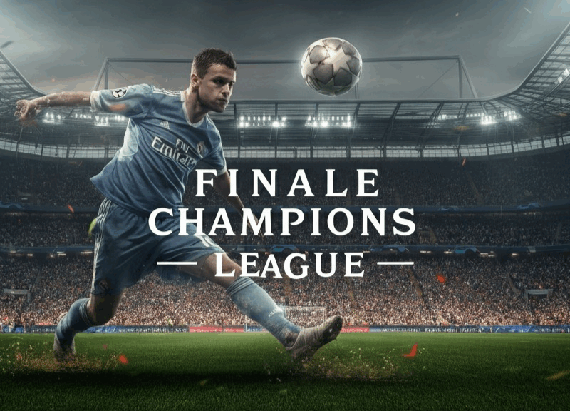 Fotorealistica immagine di uno stadio di calcio gremito di tifosi entusiasti, con un giocatore sulla destra mentre calcia un pallone in movimento che lascia una scia dinamica. Al centro dell'immagine, il testo 'FINALE CHAMPIONS LEAGUE' è scritto in caratteri grandi e luminosi