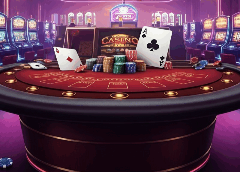 Un casinò moderno e lussuoso con un tavolo da blackjack al centro, fiches colorate, carte da gioco, slot machine illuminate e l'energia dei giochi di casino.