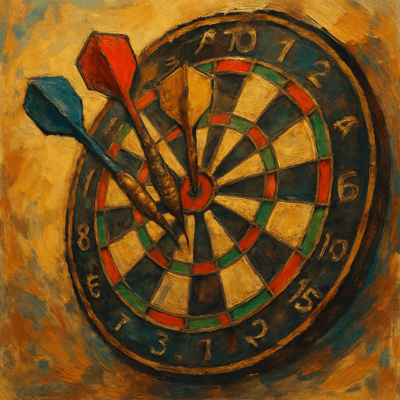 Pittura artistica di un bersaglio da gioco delle freccette con tre freccette colorate conficcate al centro.