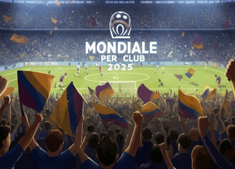 Stadio pieno di tifosi esultanti durante il Mondiale per Club 2025, con giocatori in azione e banner colorati sugli spalti.