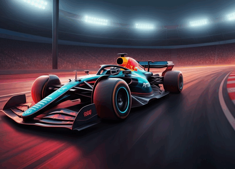 Auto di Formula 1 durante una sessione di qualifiche per la Pole Position F1, che affronta una curva con velocità e precisione sotto le luci dello stadio.