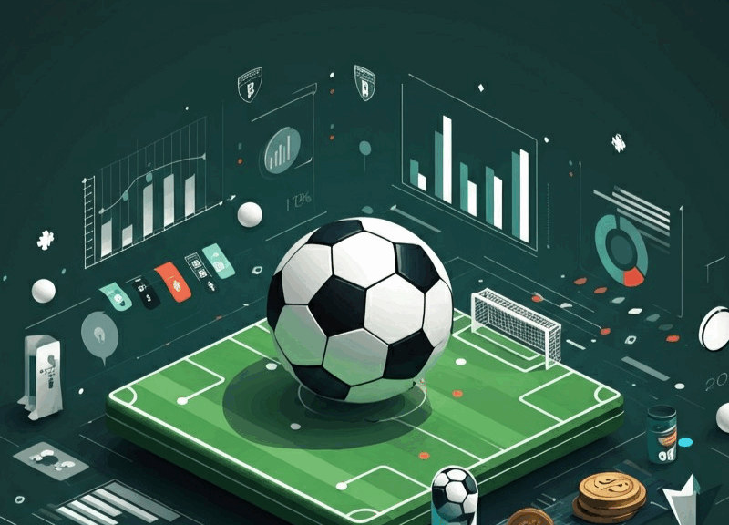 Campo da calcio stilizzato con grafici, statistiche e simboli di scommesse sportive, rappresentativo dei pronostici Serie A, in uno stile moderno e accattivante con colori vivaci come verde, blu e bianco.