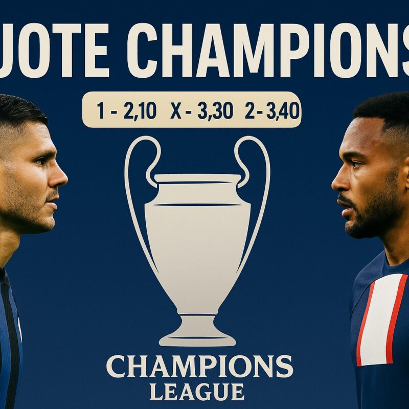 Scommesse Quote Champions League 2025: quote Inter vs PSG con trofeo illustrato e sfondo blu