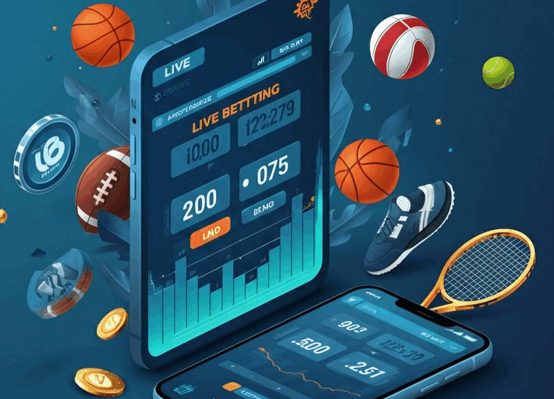Interfaccia dinamica di scommesse live con quote in tempo reale e icone sportive come calcio, basket e tennis.