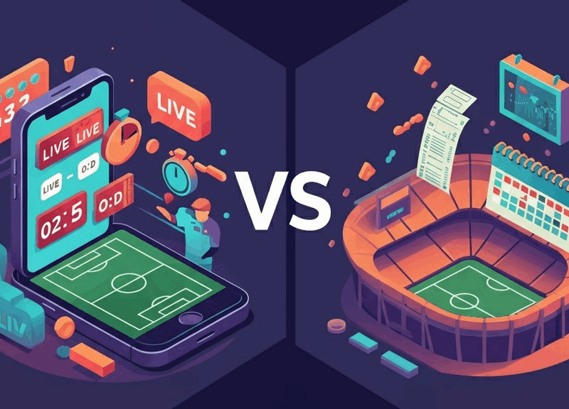 Confronto tra Scommesse Live e Pre-Match con una partita in corso, quote live e timer da un lato, e uno stadio tranquillo con schedina e calendario dall'altro.