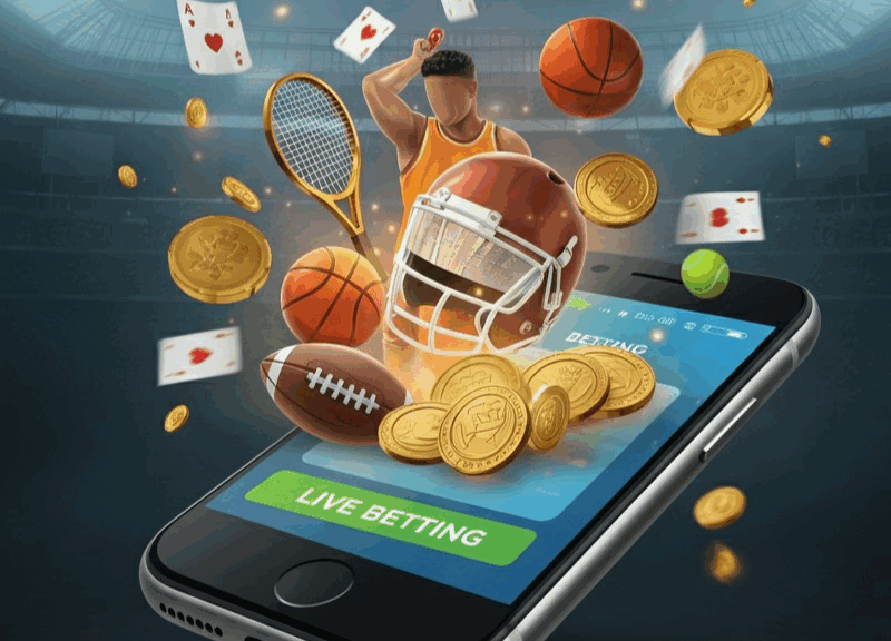 Smartphone con app di scommesse live circondato da icone sportive." Se hai bisogno di ulteriori modifiche, sono qui!