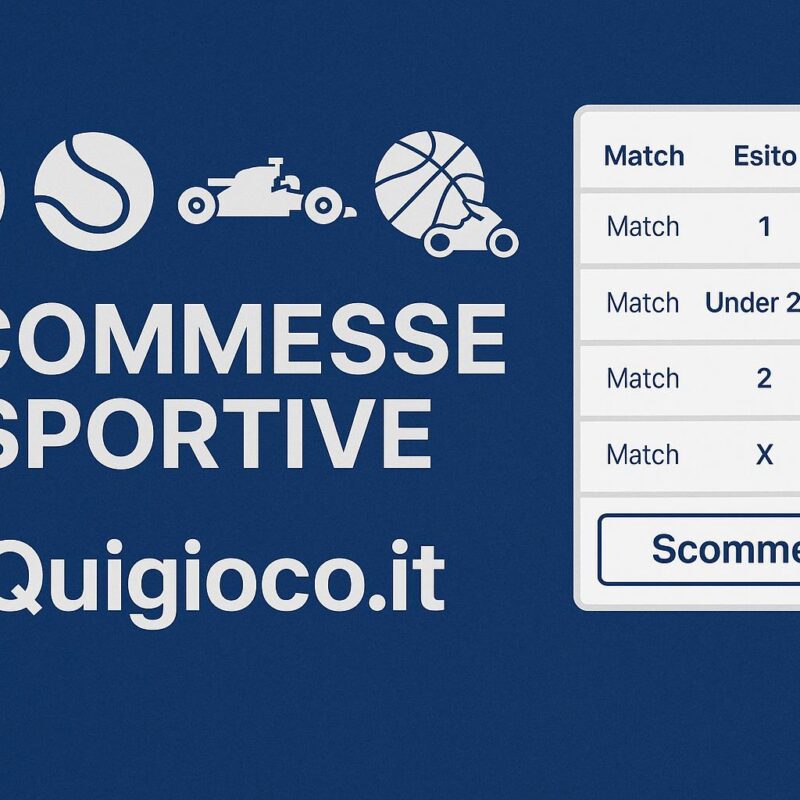Grafica promozionale scommesse sportive con icone di sport, schedina con esiti e quote generiche, e riferimento a Quigioco.it.
