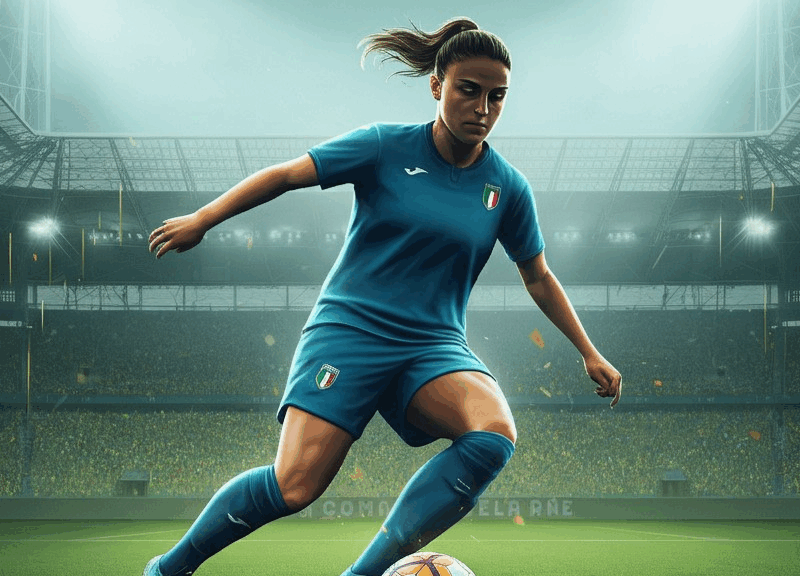 Una calciatrice in azione con una maglia blu semplice su un campo da calcio vivace, ispirata alla Serie A Femminile.