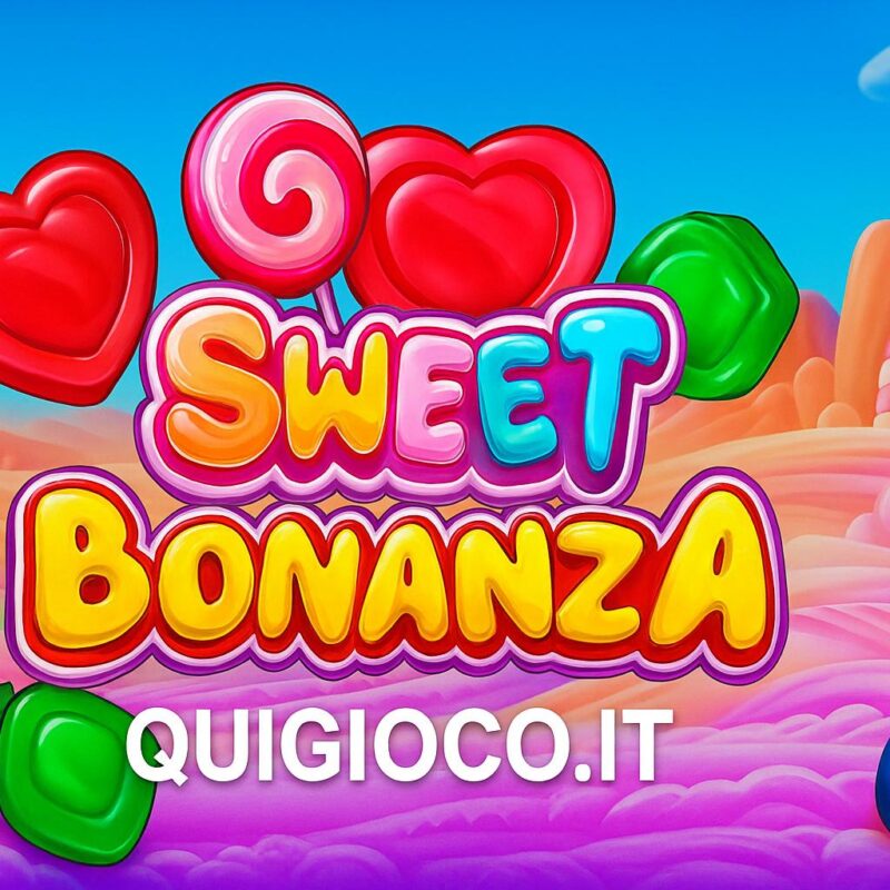 Grafica promozionale della slot Sweet Bonanza con caramelle, frutti colorati e logo Quigioco.it su sfondo fantasy zuccherato