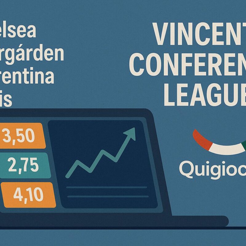 Grafica promozionale per le scommesse sulla Vincente Conference League 2025, con elenco squadre partecipanti, quote evidenziate su tablet stilizzato e logo Quigioco.it su sfondo blu.