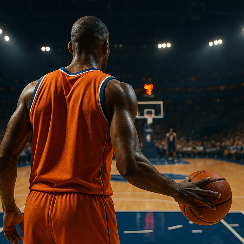 Giocatore NBA in trasferta su parquet illuminato, pronto a battere la rimessa in un'arena ostile, simbolo delle sfide di calendario e delle strategie di scommesse sportive sul rendimento in trasferta.