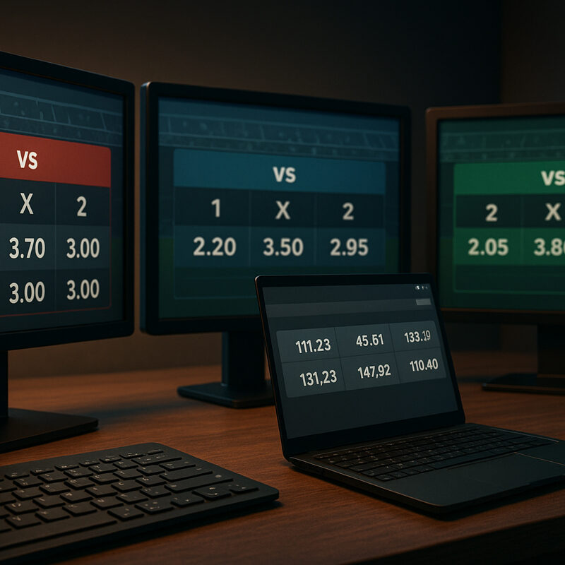 Postazione con tre monitor che mostrano quote di scommesse sportive da diversi bookmaker e laptop con calcoli di arbitraggio.