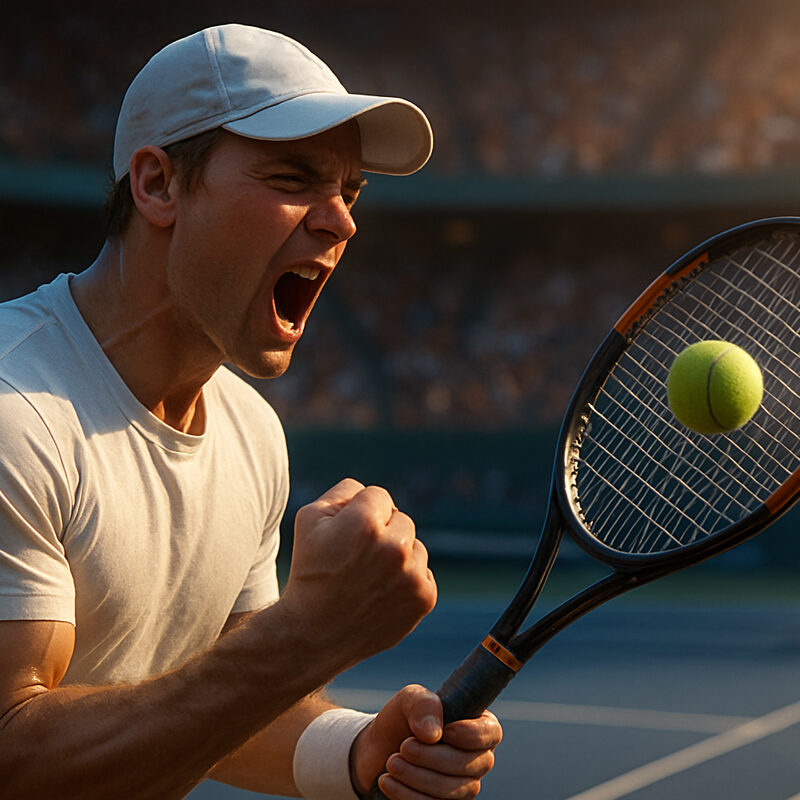 Tennista esulta dopo aver convertito un break point in un match su campo in cemento, sotto la luce del tramonto, con il pubblico sullo sfondo.