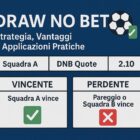Infografica sul Draw No Bet con esempi di quote, esiti vincenti e perdenti simulati in una schedina di scommesse sportive.