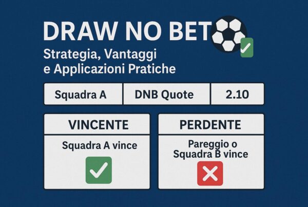 Infografica sul Draw No Bet con esempi di quote, esiti vincenti e perdenti simulati in una schedina di scommesse sportive.