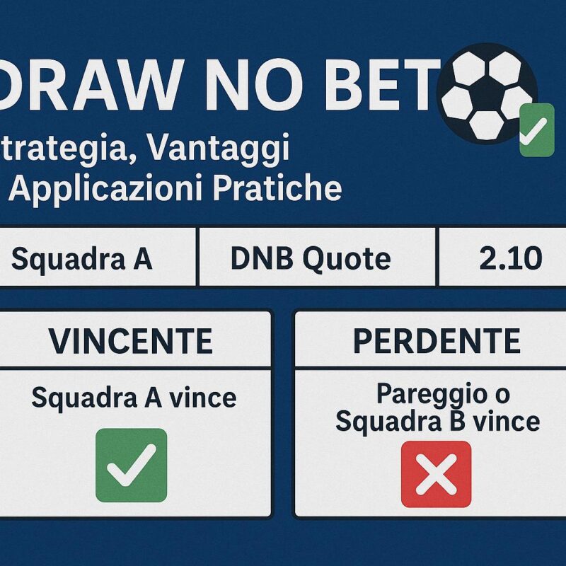 Infografica sul Draw No Bet con esempi di quote, esiti vincenti e perdenti simulati in una schedina di scommesse sportive.