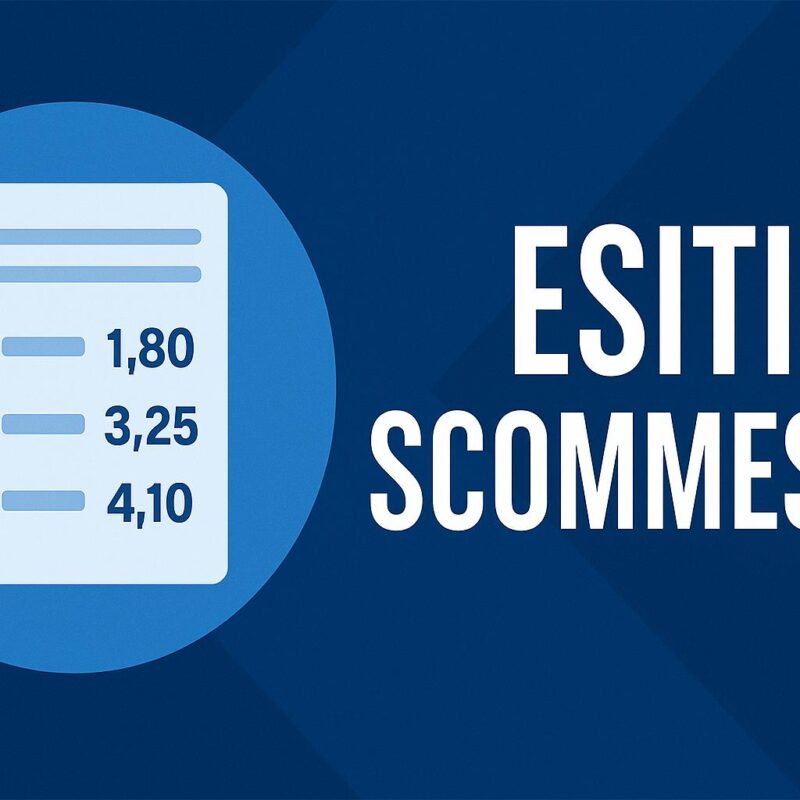 Grafica digitale con sfondo blu che mostra simboli sportivi e opzioni di scommessa, tra cui corner, cartellini e tiri in porta, accompagnata dal testo Esiti Scommesse.