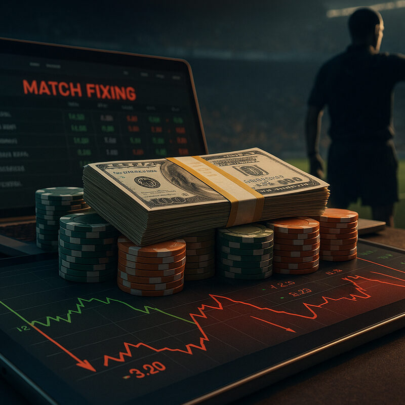 Pile di fiches da gioco e denaro su schermo con grafici di scommesse sospette in uno stadio di calcio, con arbitro sfocato sullo sfondo.