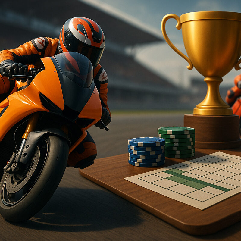 Differenze Moto GP scommesse tra Vincente GP e Vincente Mondiale illustrate con piloti in gara, trofeo e fiches.