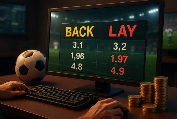 Scena realistica di scommesse sportive su piattaforma di Betting Exchange con quote back e lay visualizzate su schermo, monete, pallone e mani in primo piano.