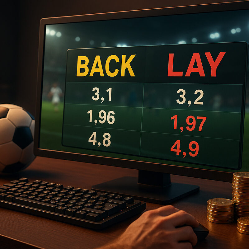 Scena realistica di scommesse sportive su piattaforma di Betting Exchange con quote back e lay visualizzate su schermo, monete, pallone e mani in primo piano.