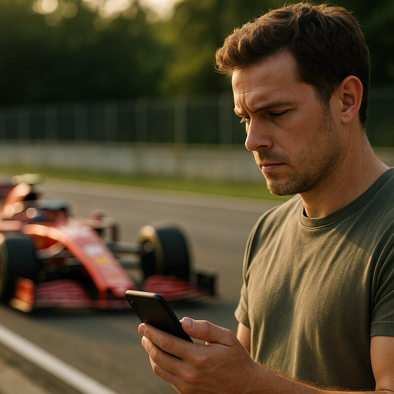 Uomo che segue Pole Position Betting F1 guardando il telefono con una monoposto in pista sullo sfondo