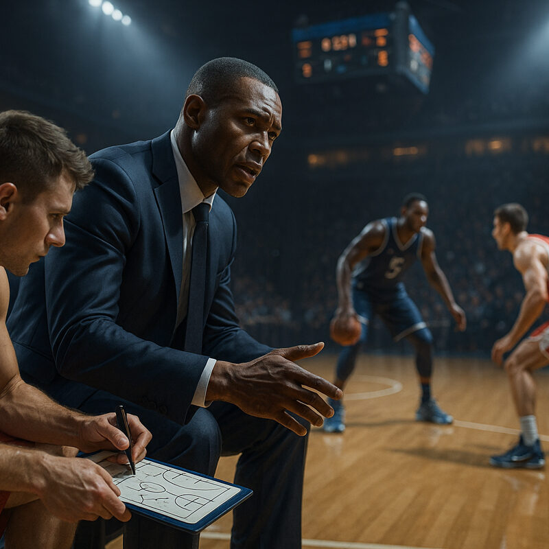 Timeout durante una partita di basket realistico, coach e giocatori pianificano strategie di live betting basket a bordo campo.