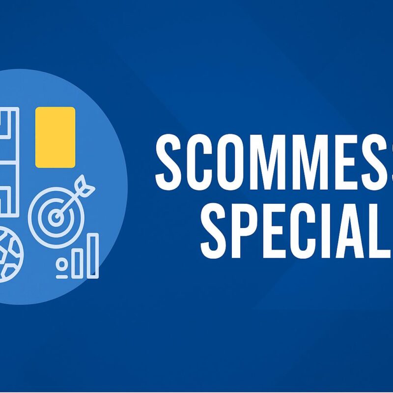 Grafica in stile flat con sfondo blu dedicata al tema “Scommesse Speciali”, raffigurante icone sportive rappresentative di corner, cartellini, tiri in porta e statistiche e scommesse corner