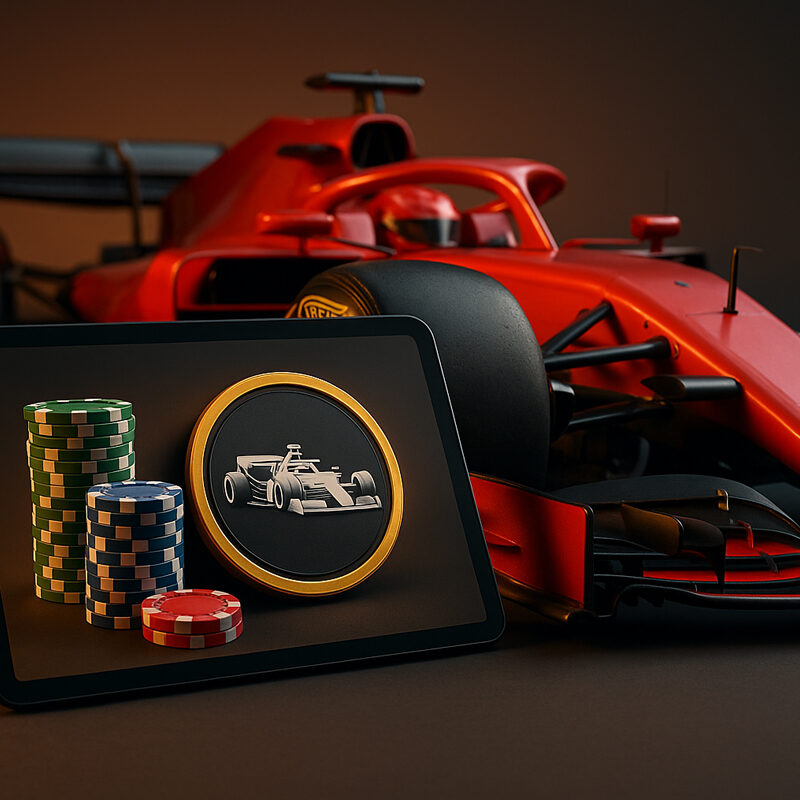 F1 betting DNF scena realistica con monoposto rossa, chip da casinò e tablet, simbolo scommesse Formula 1.