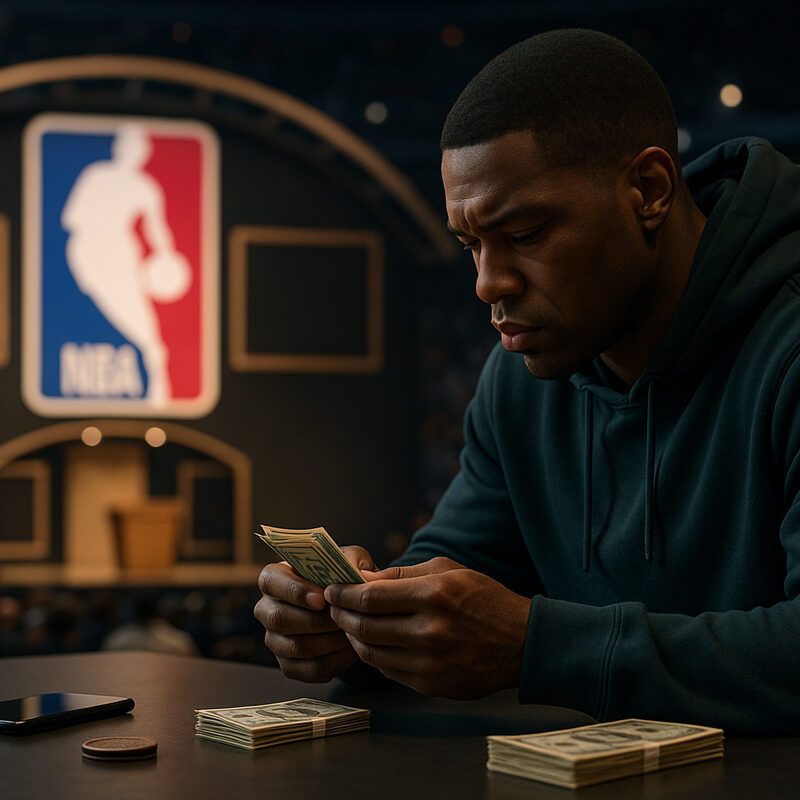 Uomo che conta banconote durante il Draft NBA, con palco e logo NBA sullo sfondo in un'arena gremita.