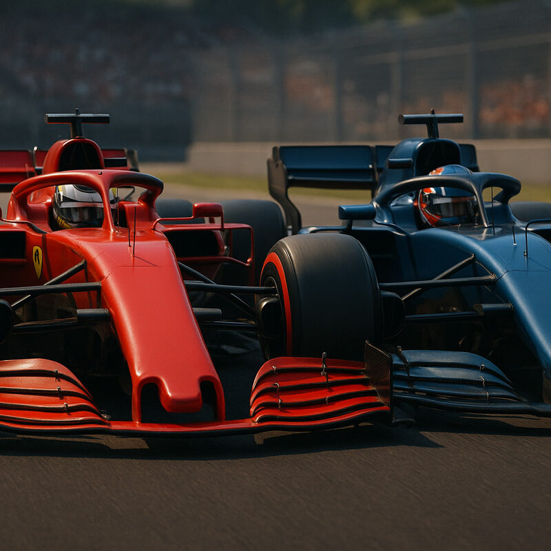 Due monoposto di Formula 1 in lotta ravvicinata su pista durante un testa a testa, simbolo delle scommesse H2H tra piloti in gara.