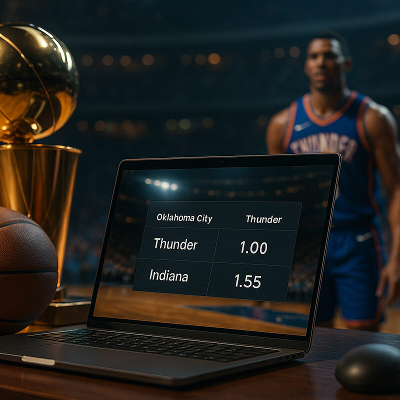 Laptop con quote per Scommesse Future NBA Thunder vs Pacers, accanto a trofeo NBA e pallone su scrivania sportiva.