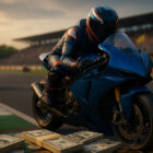 MotoGP in gara con piloti in curva e mazzette di denaro sul bordo pista, simbolo delle scommesse sui Top 3.
